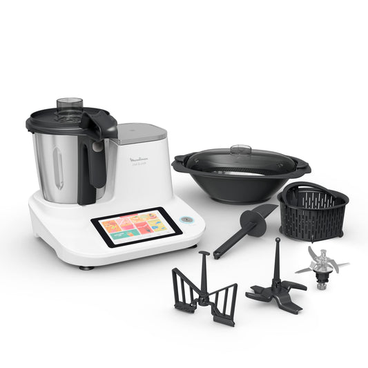 Moulinex Click & Cook virtuves mašīna ar integrētu virtuves svaru, jauda 1400 W, tilpums 3,6 l, 32 funkcijas, 10 automātiskie programmas, digitālais skārienekrāns, vienkārša lietošana.