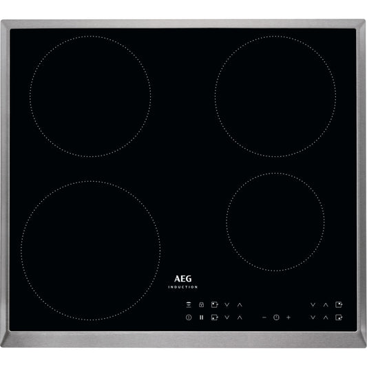 AEG indukcijas plīts virsma autonomā 60cm / 4 zonas ar 4x jaudas funkciju ātrai vārīšanai / 14 līmeņi / nerūsējošā tērauda rāmis / taimeris / skārienvadība katrai zonai / saderīga ar ventilācijas automātiku / IKB6430AXB