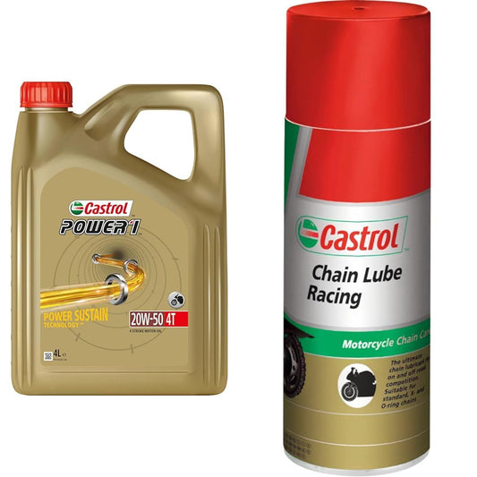 19. Castrol POWER1 4T 20W-50 4-taktu motorolie (4L) + Chain Lube Racing augstas veiktspējas ķēdes aerosols (400 ML)
