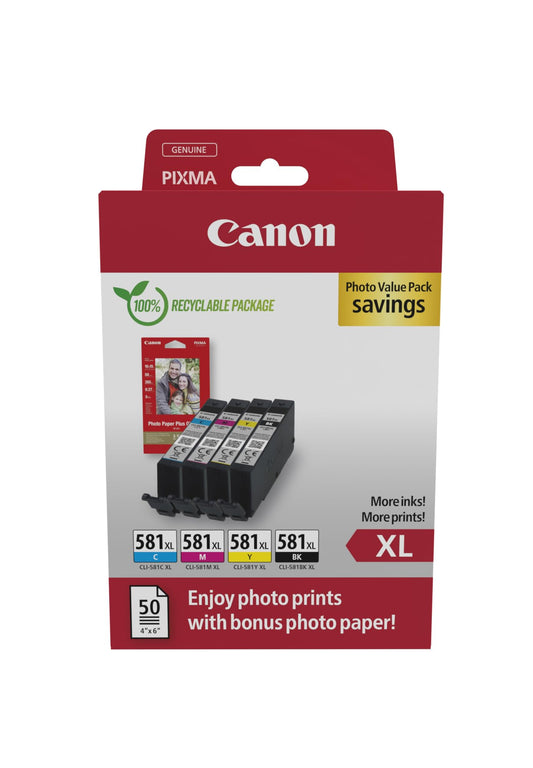 Canon CLI-581 XL C M Y BK - 4 lielas ietilpības tintes kasetnes, oriģināls, videi draudzīgs kartona iepakojums 2024