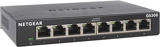 Tīkla komutators NETGEAR GS308, 8 porti, Gigabit Ethernet, gatavs lietošanai, LAN sadalītājs, Ethernet komutators, bez ventilatora, izturīgs metāla korpuss ar ieslēgšanas/izslēgšanas slēdzi
