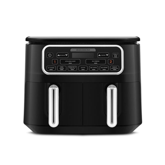 Karaca Air Pro Cook Duo - XXXL 8L air fryer, black chrome, dual cooking functions, healthy frying options.