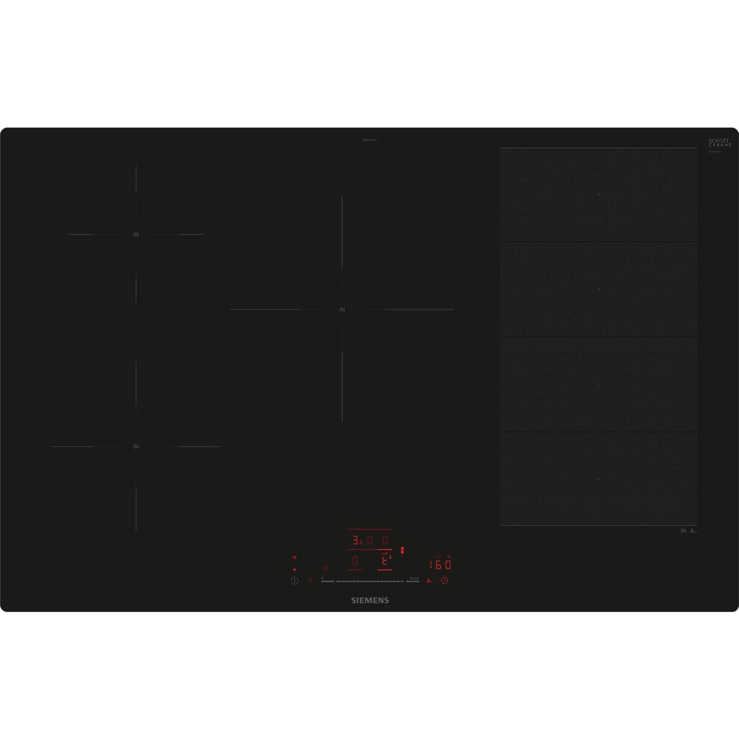 Siemens EX801HVC1E, iQ700, viedā indukcijas plīts virsma, autonomā, līdzenā, 80 cm, melna, touchSlider vadība, elastīgas un inteliģentas gatavošanas zonas, powerBoost ātrākai gatavošanai, varioMotion