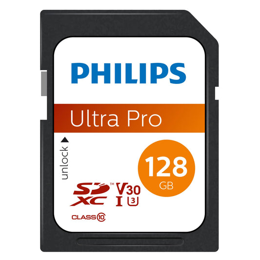 Philips Ultra Pro SDXC 128GB - UHS-I U3, 100 MB/s read speed, V30, ideal for cameras, tablets, and 4K UHD video.