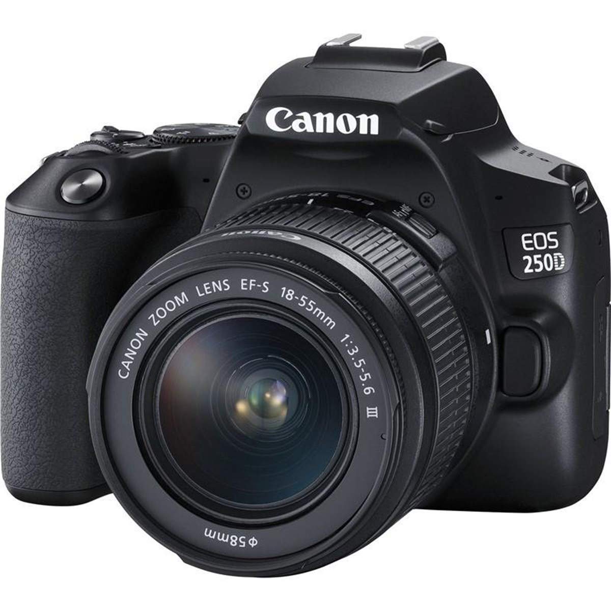 Canon EOS 250D digitālā spoguļkamera + objektīvs EF-S 18-55mm F3.5-5.6 III (24,1 megapikseli, 7,7 cm/3 collas mainīgā leņķa displejs, APS-C sensors, 4K, Full-HD, DIGIC 8, Wi-Fi, Bluetooth), melns