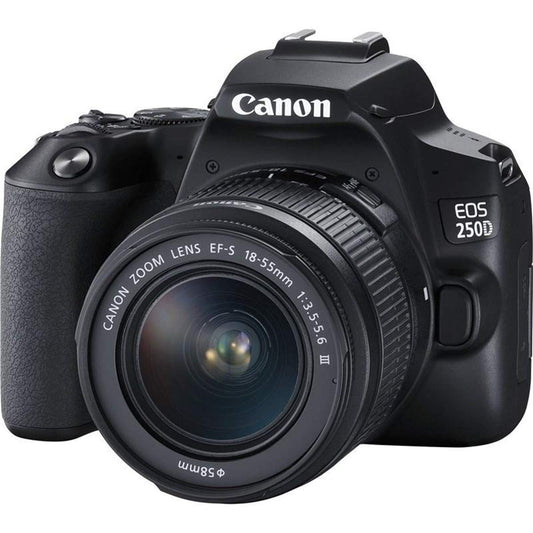 Canon EOS 250D digitālā spoguļkamera + objektīvs EF-S 18-55mm F3.5-5.6 III (24,1 megapikseli, 7,7 cm/3 collas mainīgā leņķa displejs, APS-C sensors, 4K, Full-HD, DIGIC 8, Wi-Fi, Bluetooth), melns