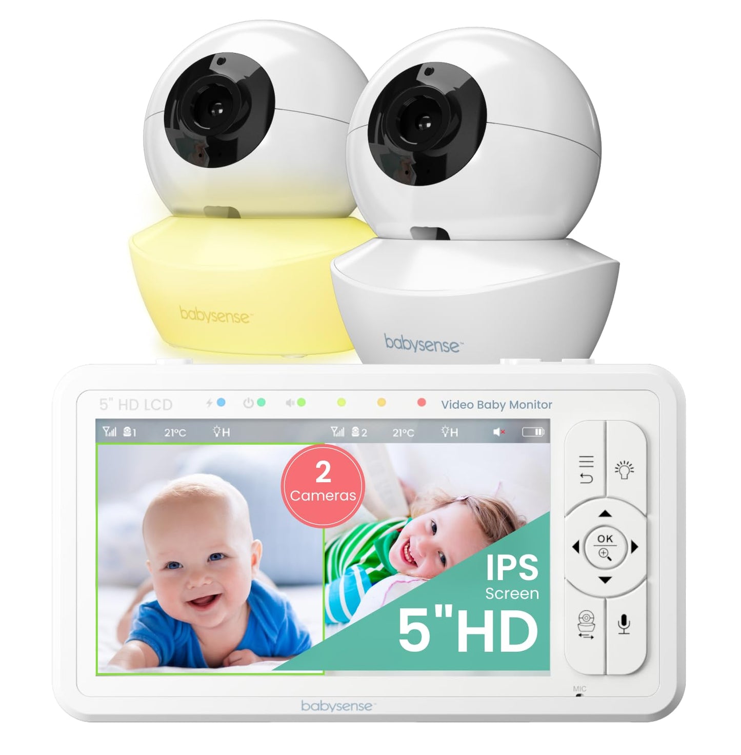 Babysense bērnu kamera HD 5 Zoll ar 2 kamerām, video babyphone bez Wi‑Fi, naktslampa, šūpuļdziesmas, 300m darbības rādiuss, divvirzienu audio, 4x tālummaiņa, 4000mAh akumulators