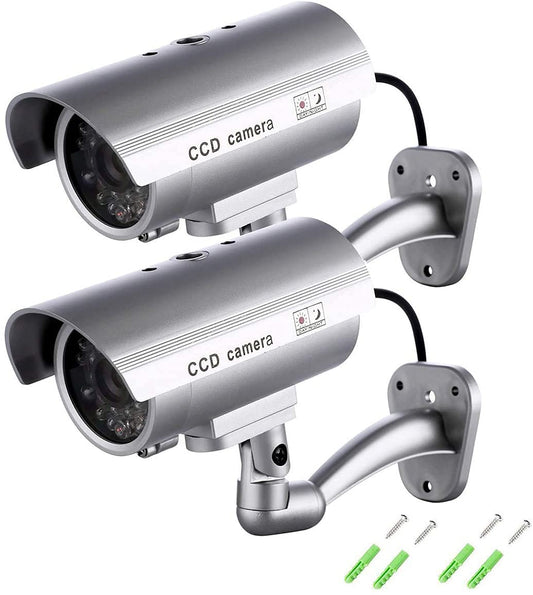 Maxesla viltota uzraudzības kamera ar apgaismotām LED gaismām, 2 gab., Bullet Dummy viltota uzraudzības kamera, CCTV viltojums, reālistisks izskats, uzraudzības sistēma iekštelpām/āra, ūdensizturīga +