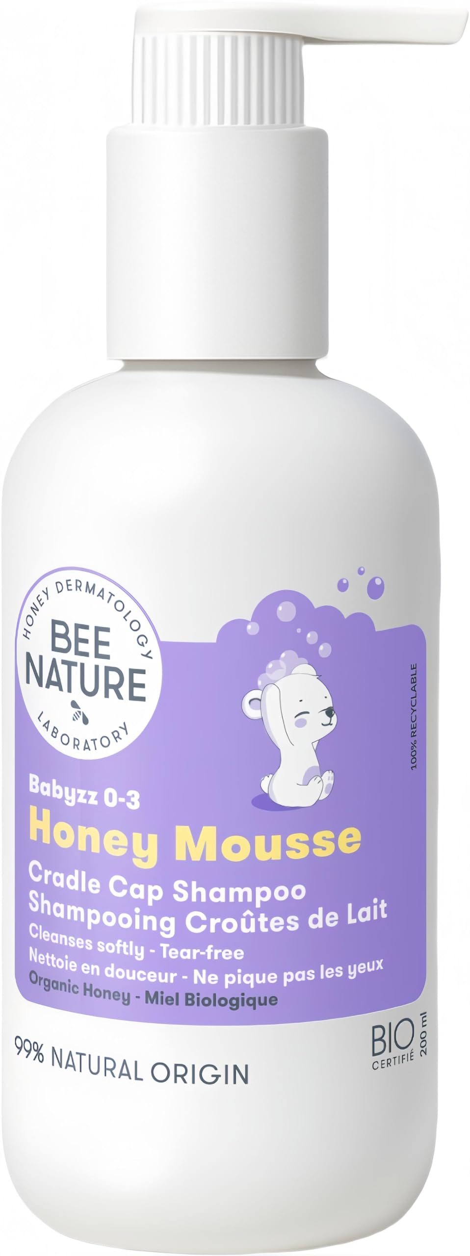 Bērnu šampūns Bee Nature Bio pret piena kreveli, bez asarām, 99,3% dabīgs, medus putas, 200 ml