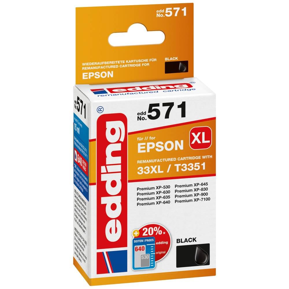 edding printera kasetne EDD-571 - melna, 15 ml, 640 lapas, aizstāj Epson T33XL (T3351)