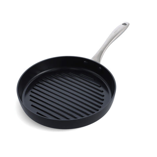 GreenPan Lima Midnight 28 cm round grill pan - healthy ceramic non-stick, PFAS-free, induction compatible, dishwasher safe, oven safe, black
