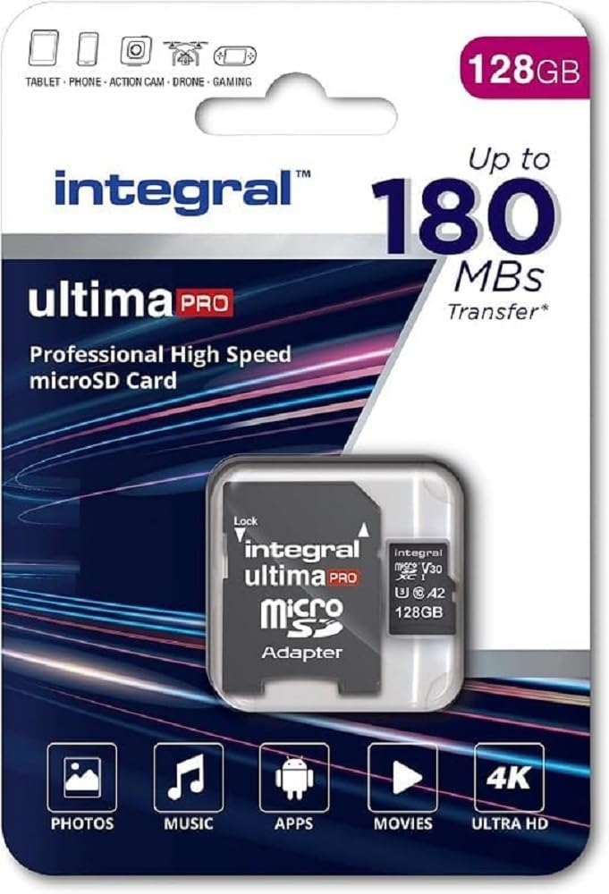 Integral 128 GB Micro SD karte 4K video lasīšanas ātrums 180 MB/s un rakstīšanas ātrums 90 MB/s MicroSDXC A2 C10 U3 UHS-I 180-V30 mūsu ātrākā augstas ātruma Micro SD atmiņas karte