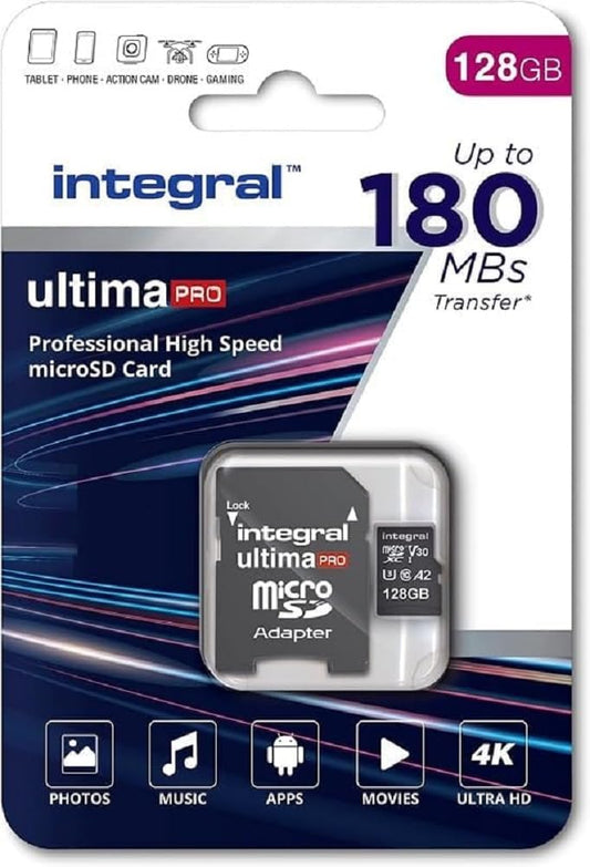 Integral 128 GB Micro SD karte 4K video lasīšanas ātrums 180 MB/s un rakstīšanas ātrums 90 MB/s MicroSDXC A2 C10 U3 UHS-I 180-V30 mūsu ātrākā augstas ātruma Micro SD atmiņas karte