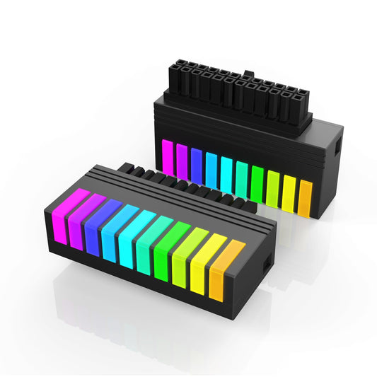Varavīksnes ARGB ATX 24 pin adapteris - 90 grādu strāvas savienojums PC mātesplatei, RGB apgaismojums, uzlabota ventilācija.