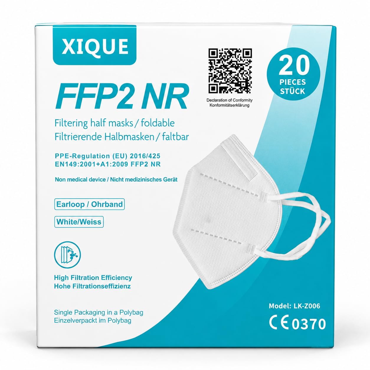 FFP2 maskas SESCO Xique, 20 gab., ar elastīgām ausu cilpām, CE
