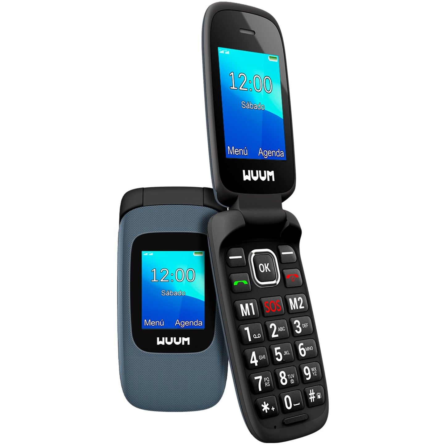 Saliekamais mobilais tālrunis WUUM CLAP ar 2 displejiem | Lielas pogas un cipari | 2 ātrpiekļuves atmiņas un SOS poga | Bluetooth | 800mAh akumulators | USB-C | Titanium