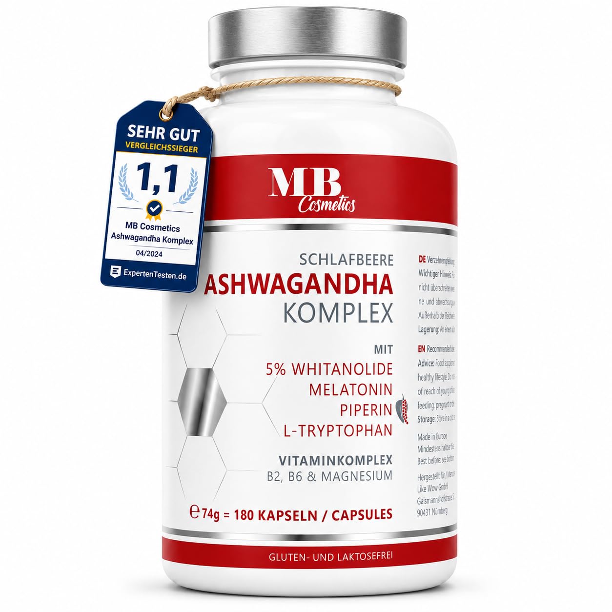 Ashwagandha kapsulas augstā devā - 180 vegāniskas kapsulas ar KSM-66 saknes ekstraktu, 5% whitanolides, triptofānu, melatonīnu, magniju - no indiešu miega ogas, laboratoriski pārbaudītas, ražots Vācijā