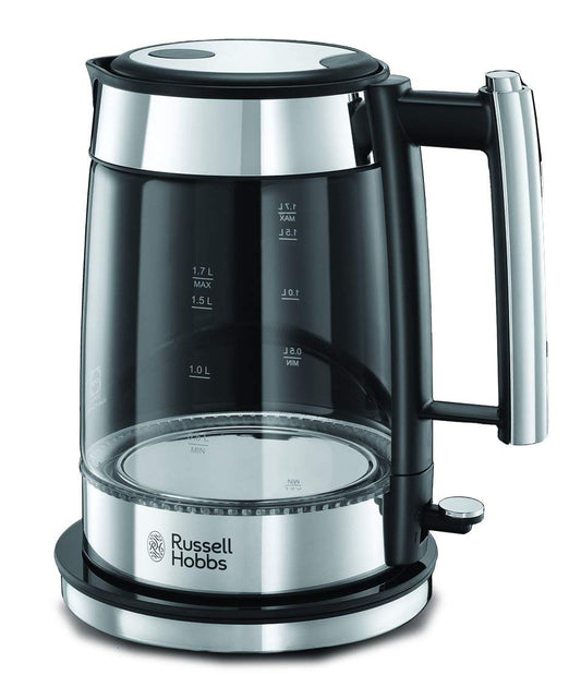 Russell Hobbs stikla dizaina ūdens vārītājs - 1,7l, 2200W, pulēta nerūsējošā tērauda, zils LED, izņemams filtrs, ūdens līmeņa indikators