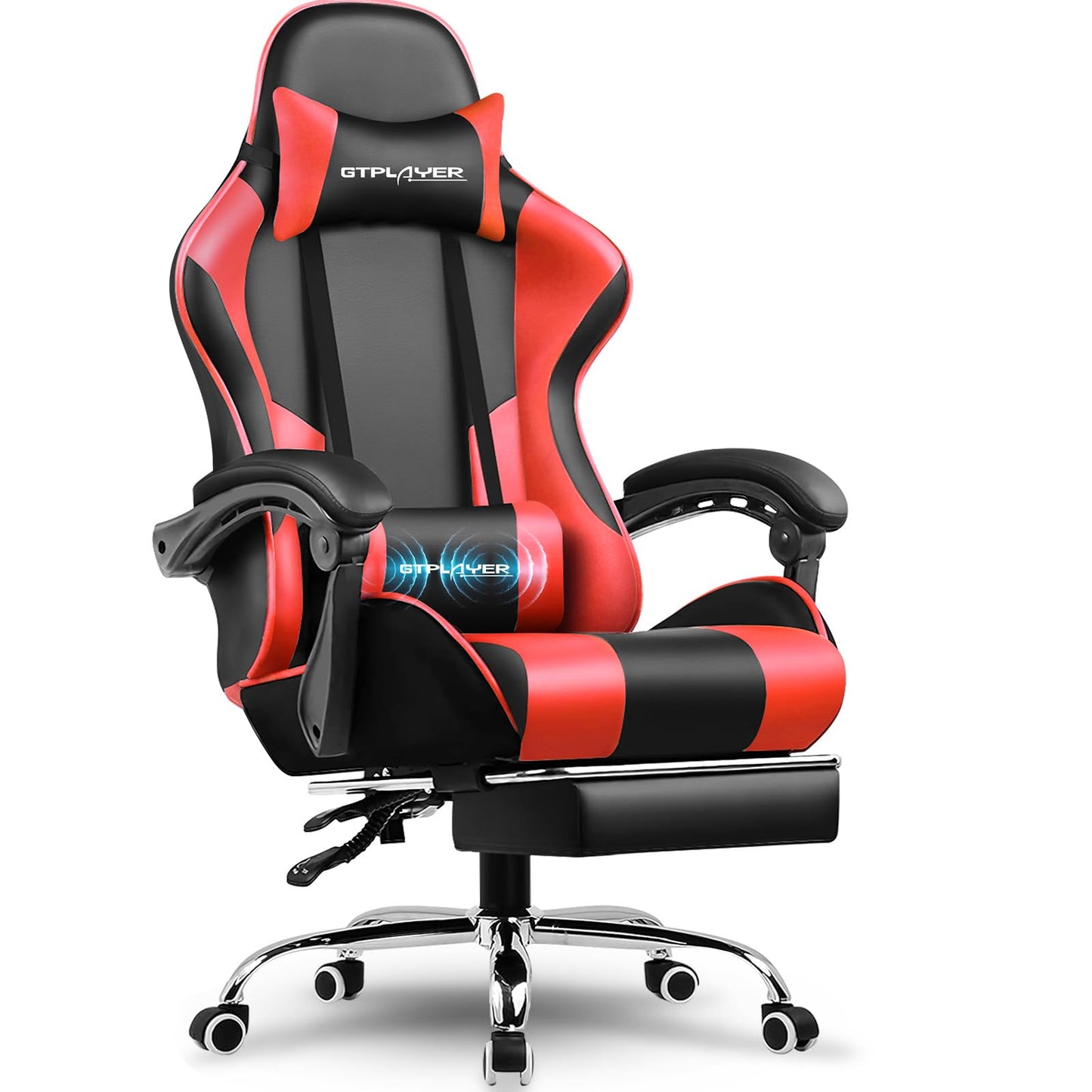 GTPLAYER gaminga krēsls, biroja krēsls, ergonomisks datora krēsls, spēļu krēsls ar masāžas jostasvietas atbalstu, darba krēsls ar kāju balstu un galvas balstu, sarkans mākslīgā āda