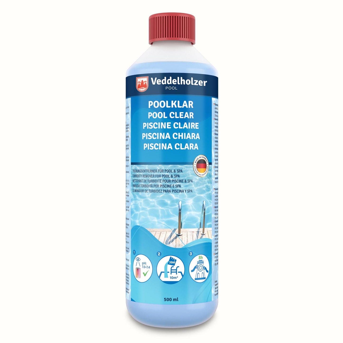 Baseins dzidrinātājs Veddelholzer Poolklar 0,5 l – kristāldzidram ūdenim baseinā, džakuzī un bērnu baseinā, efektīvs pret duļķainu ūdeni, piemērots visām filtrācijas sistēmām