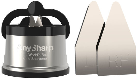 AnySharp Pro nažu asinātājs (metāls) ar piesūcekni, pulēts metāls un ASKSRT3 piesūcekņa nažu asinātāja rezerves rīki, pulēts metāls, vienota izmēra