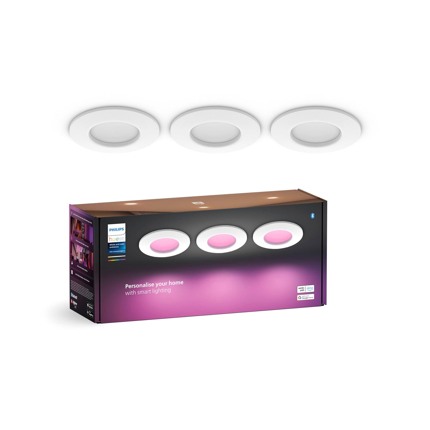 Philips Hue Smart Slim iebūvējamo gaismekļu 3 gab. komplekts, 90 mm, balta un krāsaina gaisma, saderīgs ar Bluetooth, balss vadība ar Alexa, Apple Home un Google Assistant, balts