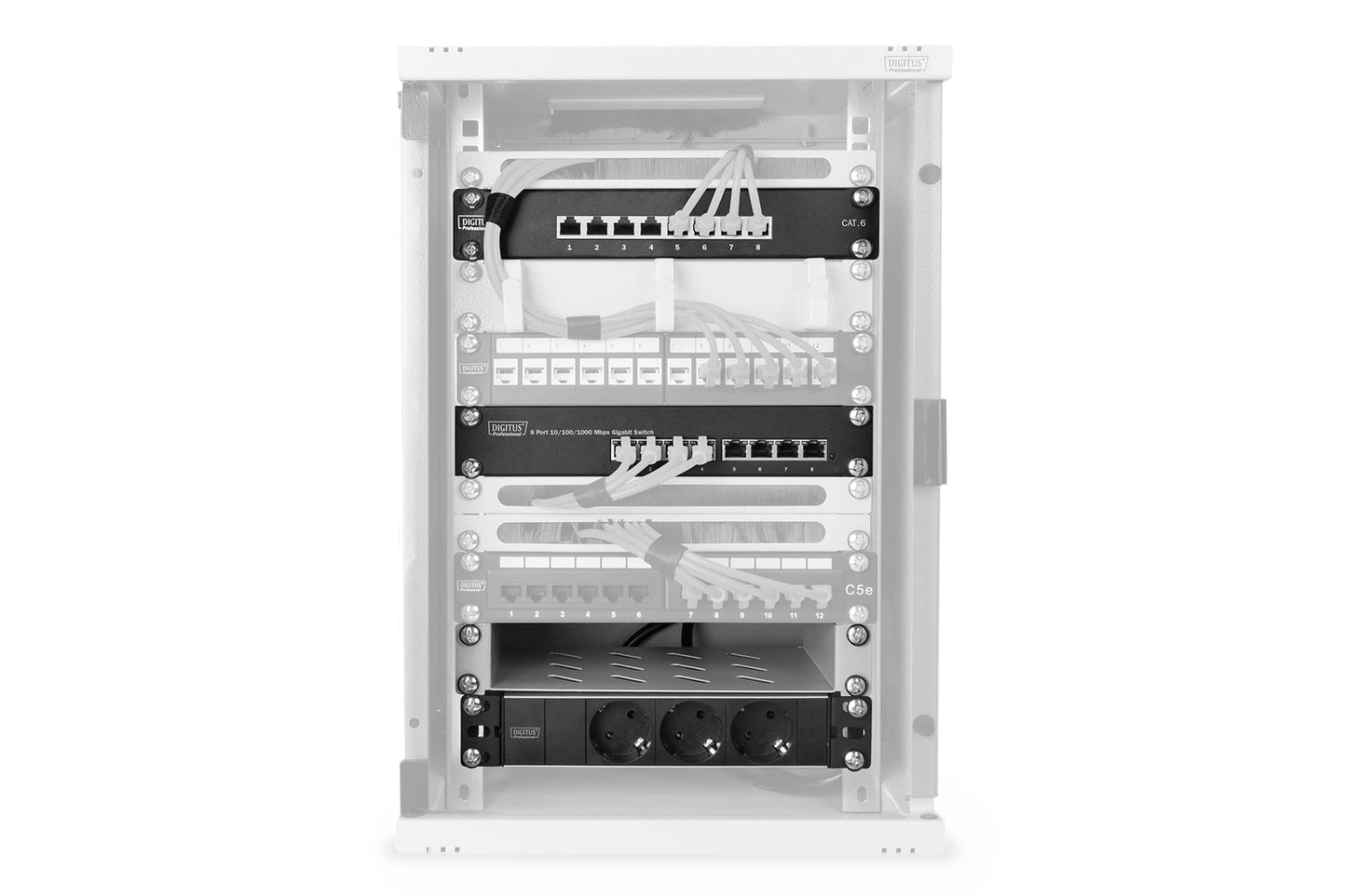 DIGITUS 10 collu komplekts - tīkla skapis 9HE pelēks - plaukts - barošanas bloks - 8 portu patch panelis - 8 portu Gigabit slēdzis