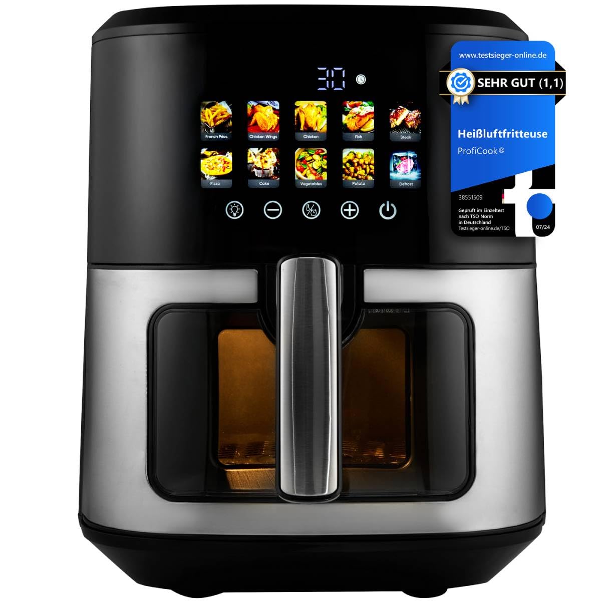 ProfiCook® karstā gaisa fritēšanas ierīce 6,5L - bez eļļas, 9 programmas, krāsu displejs, 1700W, 50-200°C, XXL.