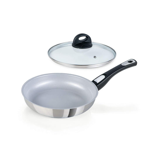 Genius Cerafit Steel 24cm panna - keramikas nelīpošs pārklājums, stikla vāks, noņemams rokturis, piemērota visiem plīts veidiem
