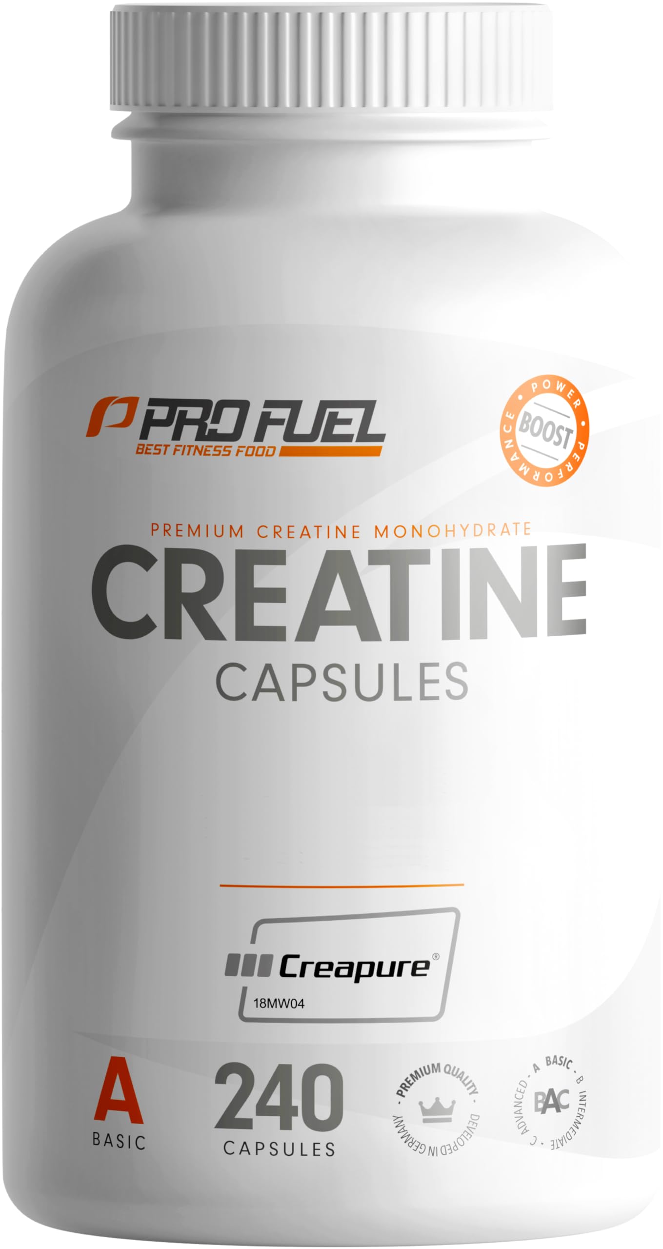 Creatīna kapsulas 240x ar 850mg Creapure® kreatīna monohidrātu - augstas kvalitātes creatine ražots Vācijā - optimāli augsta deva ar 3000 mg tīra kreatīna dienā - laboratoriski pārbaudīts ar sertifikātu - 100% vegāns