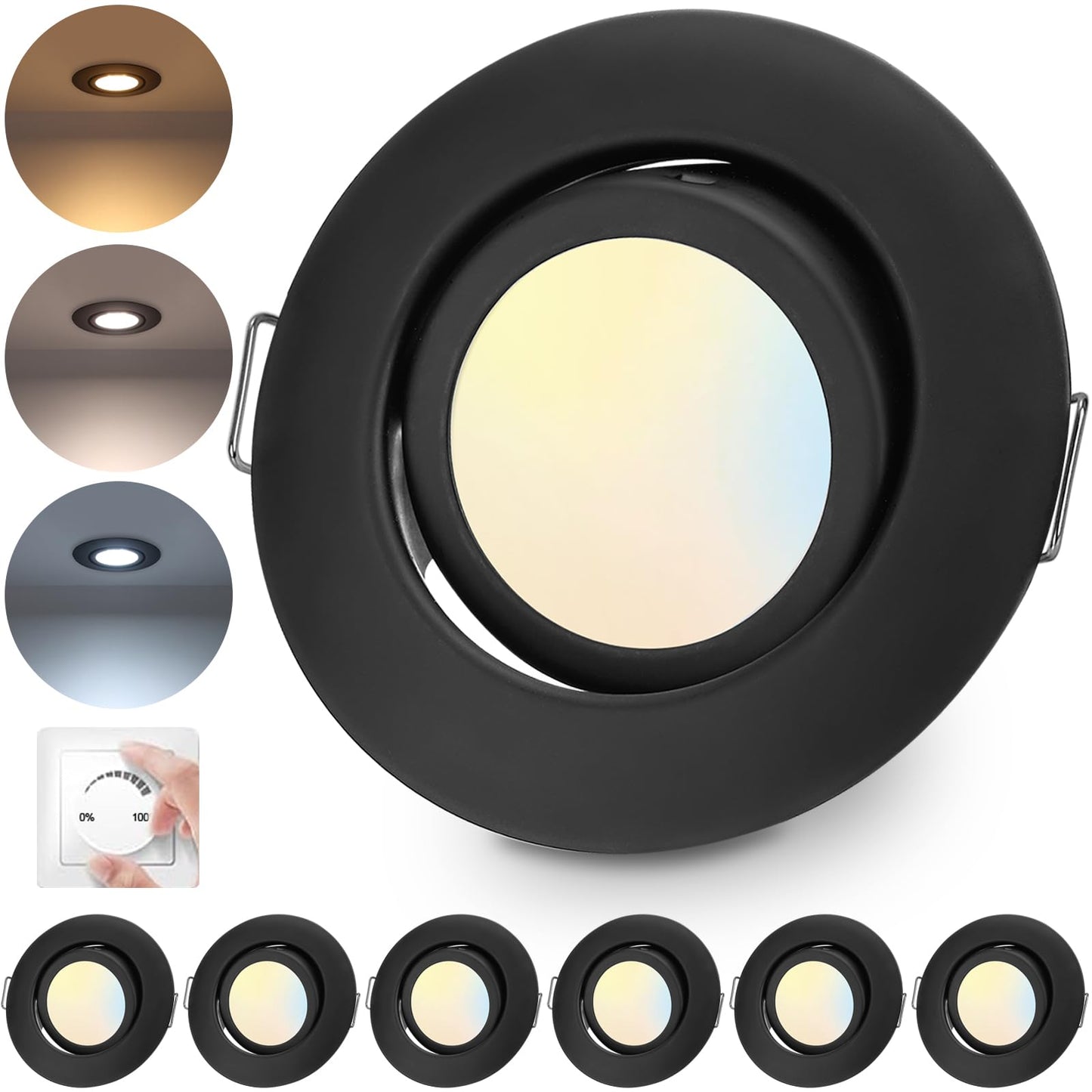 LED iebūvējamie gaismekļi cloksh 230V, dimmējami, melni, 6W, IP44, grozāmi, griestu spoti, 6er komplekts