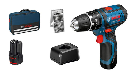 Bosch Professional 12V triecienurbjmašīna GSB 12V-15 - 2x 2.0Ah akumulators, lādētājs, 25 bitu komplekts, instrumentu soma