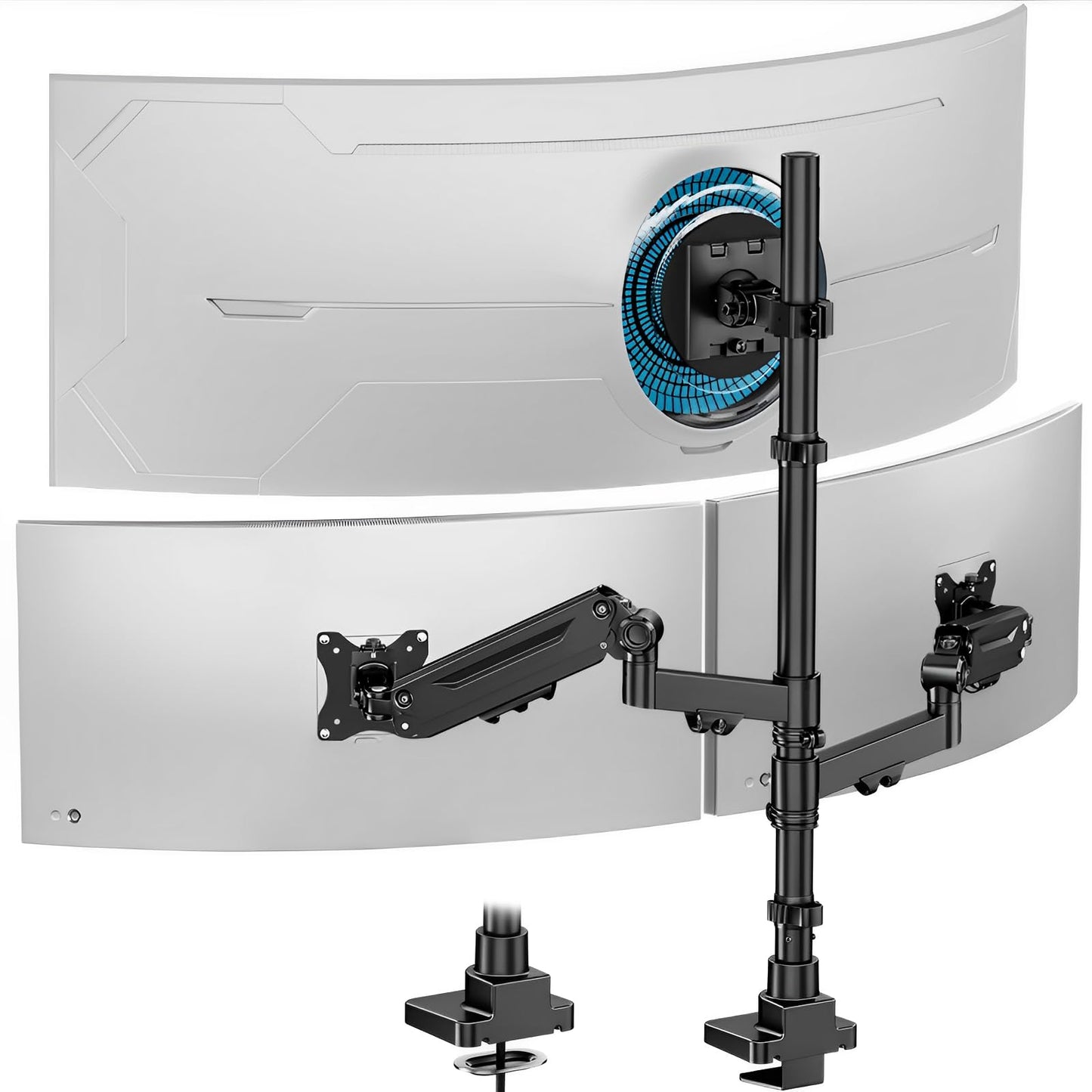Monitora turētājs 3 monitoriem - 1 fiksētam 49" un 2 gāzes atsperu 35" ekrāniem