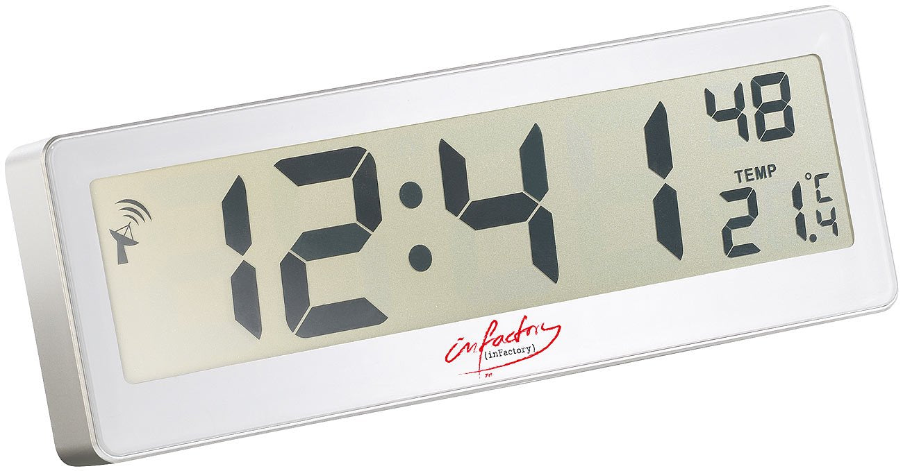 Funkcionālais pulkstenis infactory LCD: kompakts radio pulkstenis ar XXL LCD displeju, modinātāju un temperatūras rādījumu
