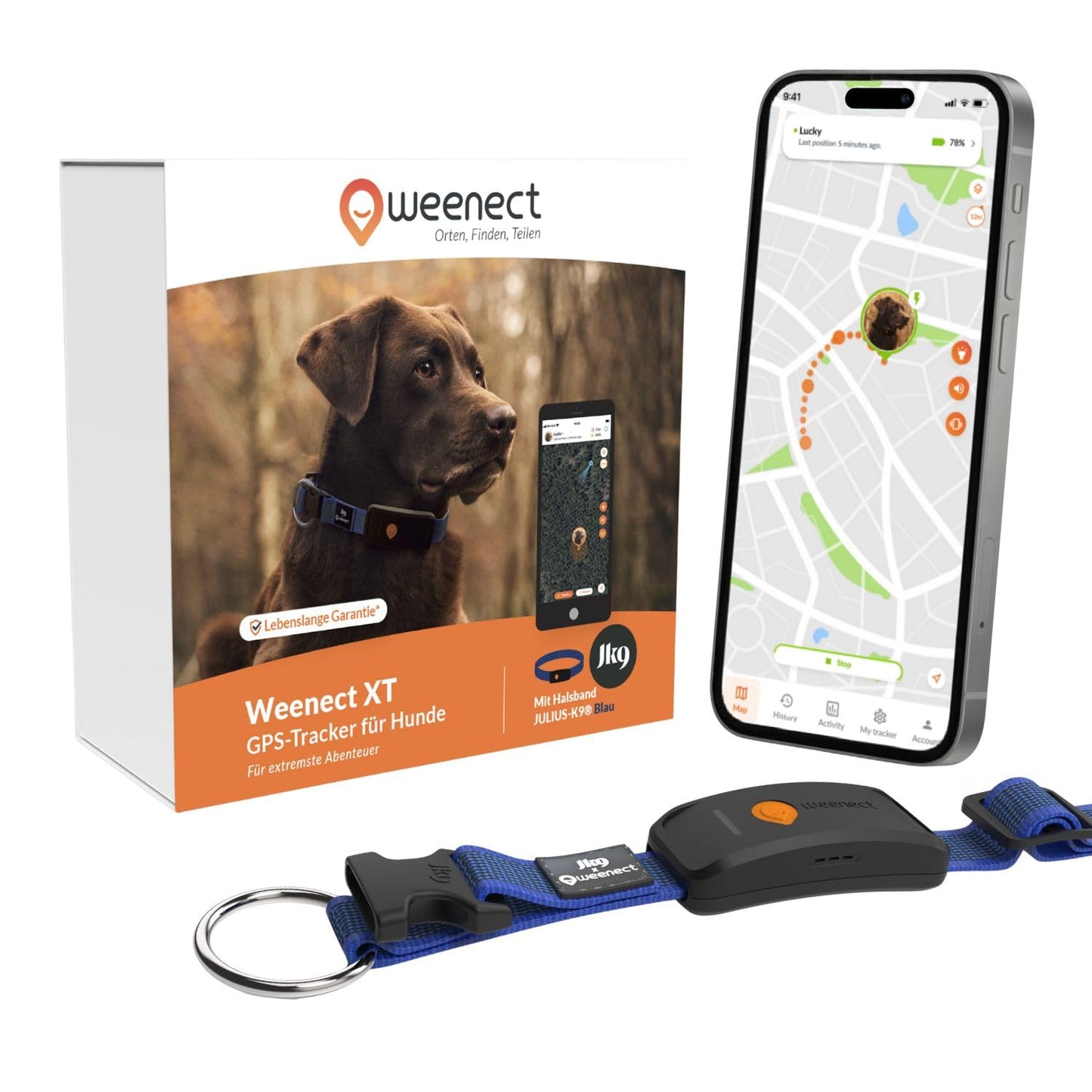 Weenect Hund XT - JAUNS GPS kaklasiksna suņiem | XL antena | Ūdensizturīga | Hyperresistant integrēta Julius-K9 kaklasiksna nepieciešams abonements (zila)