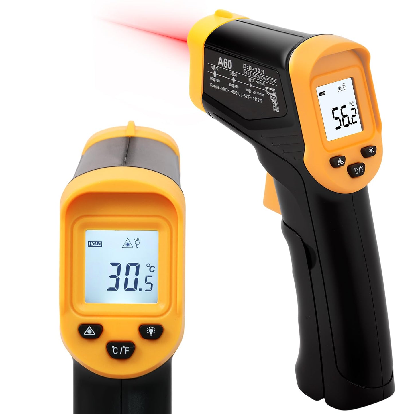 Infrasarkanais termometrs Foppla -50°C līdz 600°C, bezkontakta digitālais lāzera temperatūras mērītājs ar izgaismotu ekrānu
