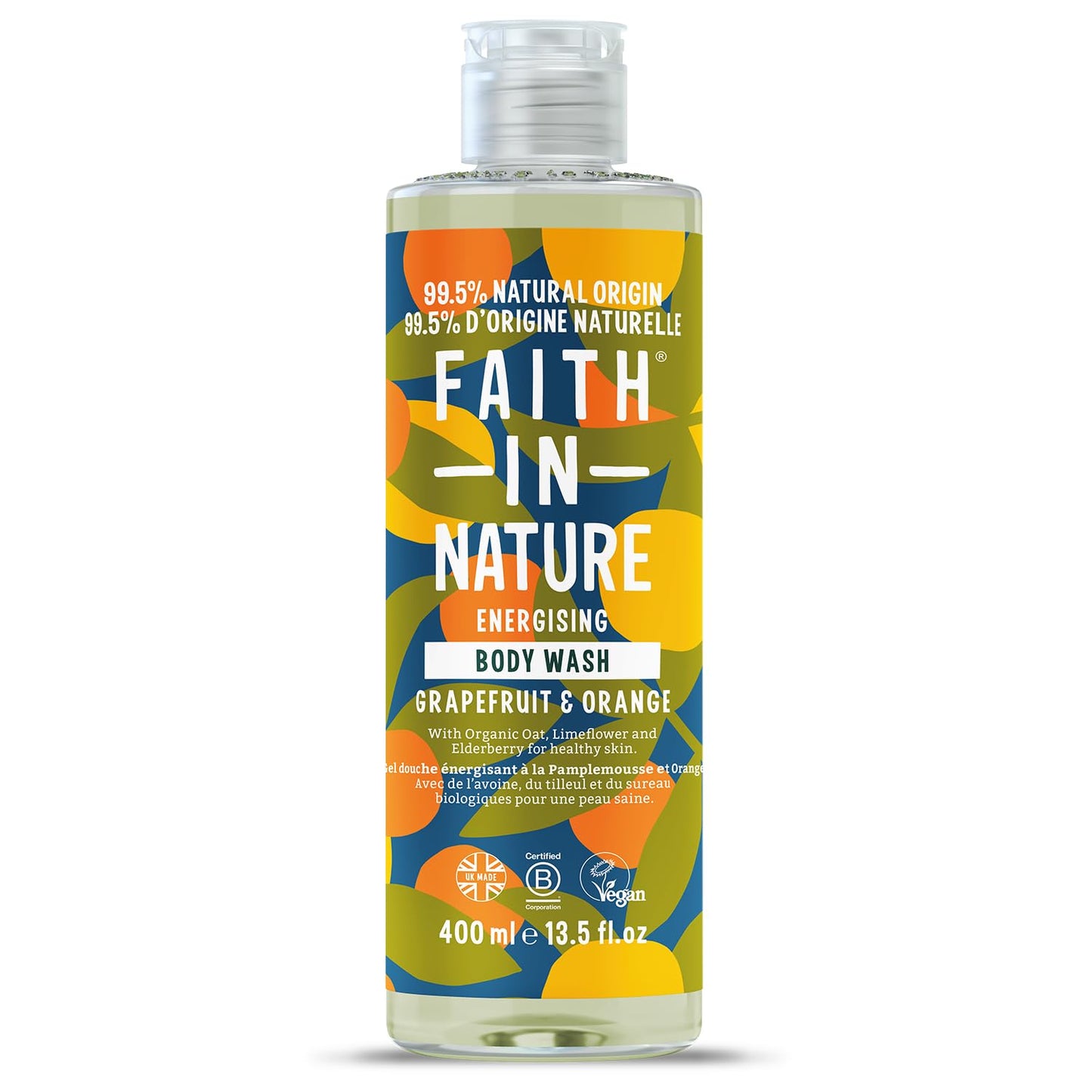 Dušas želeja Faith In Nature ar greipfrūtu un apelsīnu, enerģiju sniedzoša dušas želeja, vegāna un netestēta uz dzīvniekiem, bez SLS un parabēniem, 400 ml
