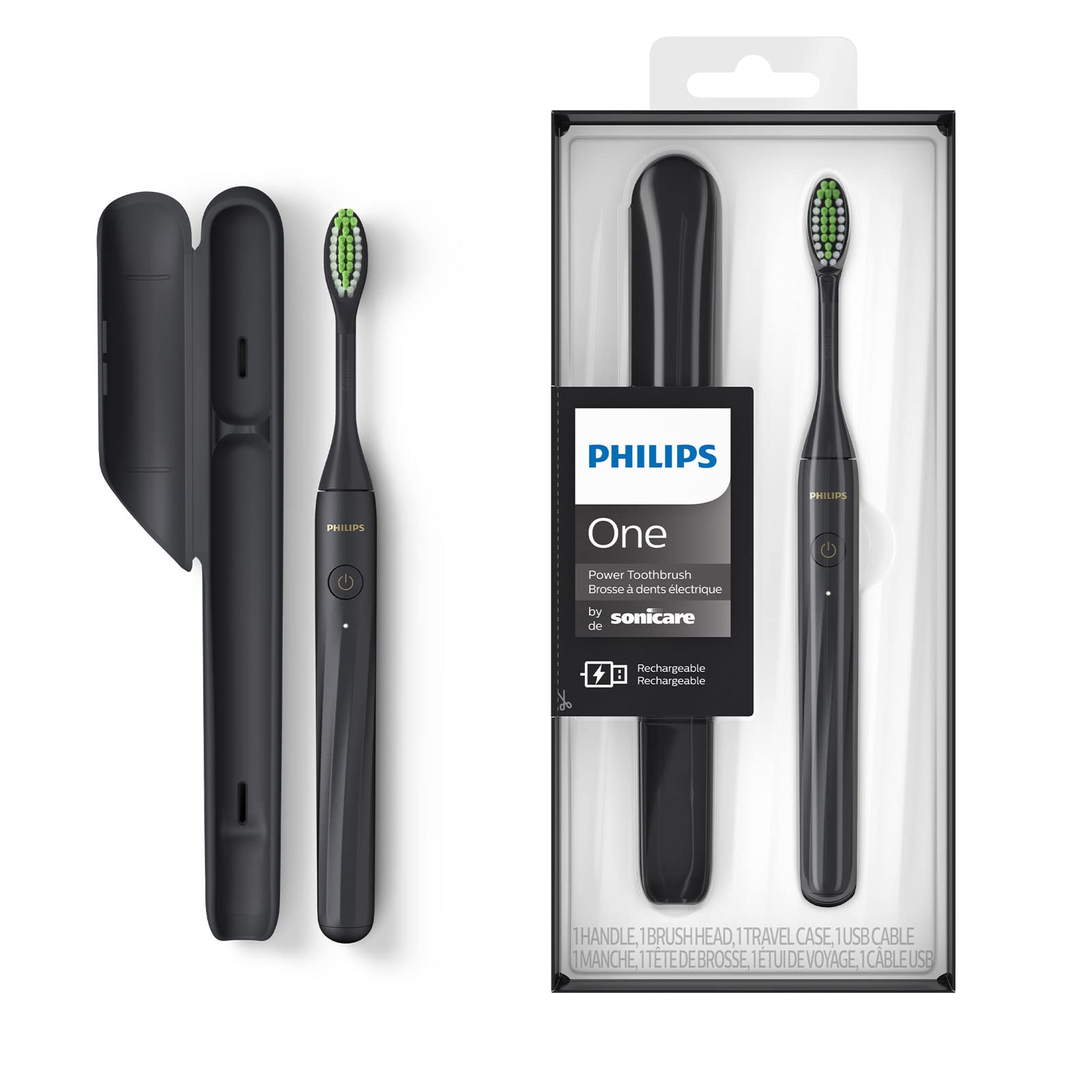 Philips One elektriskā zobu birste ar USB uzlādi, matēta melna (modelis HY1200/26)