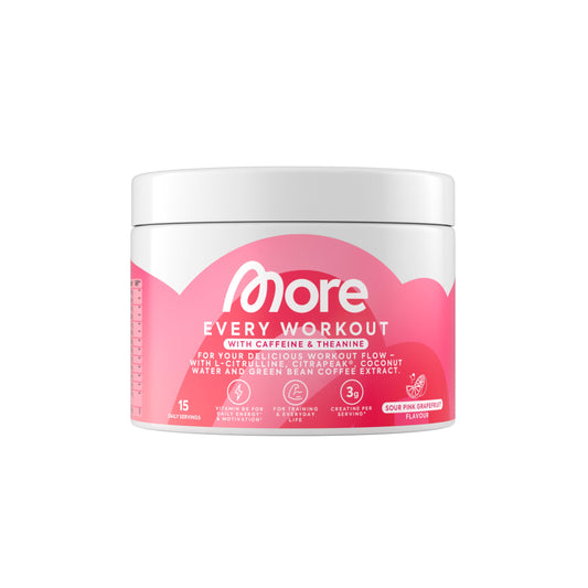 Pirms treniņa komplekss MORE Every Workout, rozā greipfrūts ar kofeīnu un L-theanine, 270 g