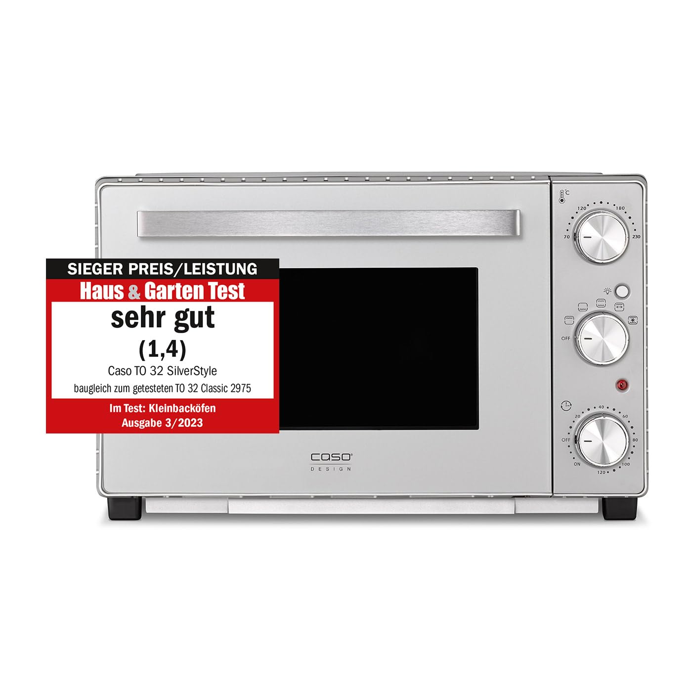 CASO TO 32 SilverStyle, dizaina cepeškrāsns, uzvarētājs mājas un dārza testā, 32 litri, 4 ieejas līmeņi, 70-230°C, karstā gaisa, augšējā un apakšējā siltuma.