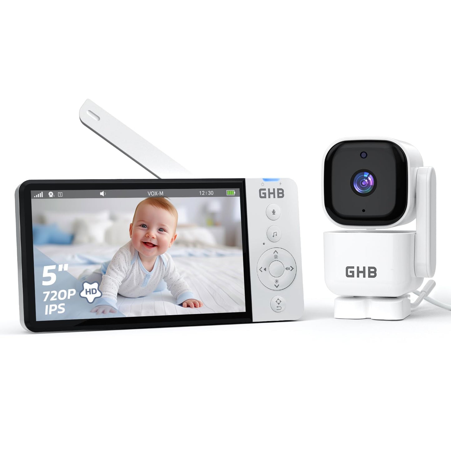 GHB baby monitors ar kameru 5 Zoll IPS displeju 720P 350°/90° grozāms