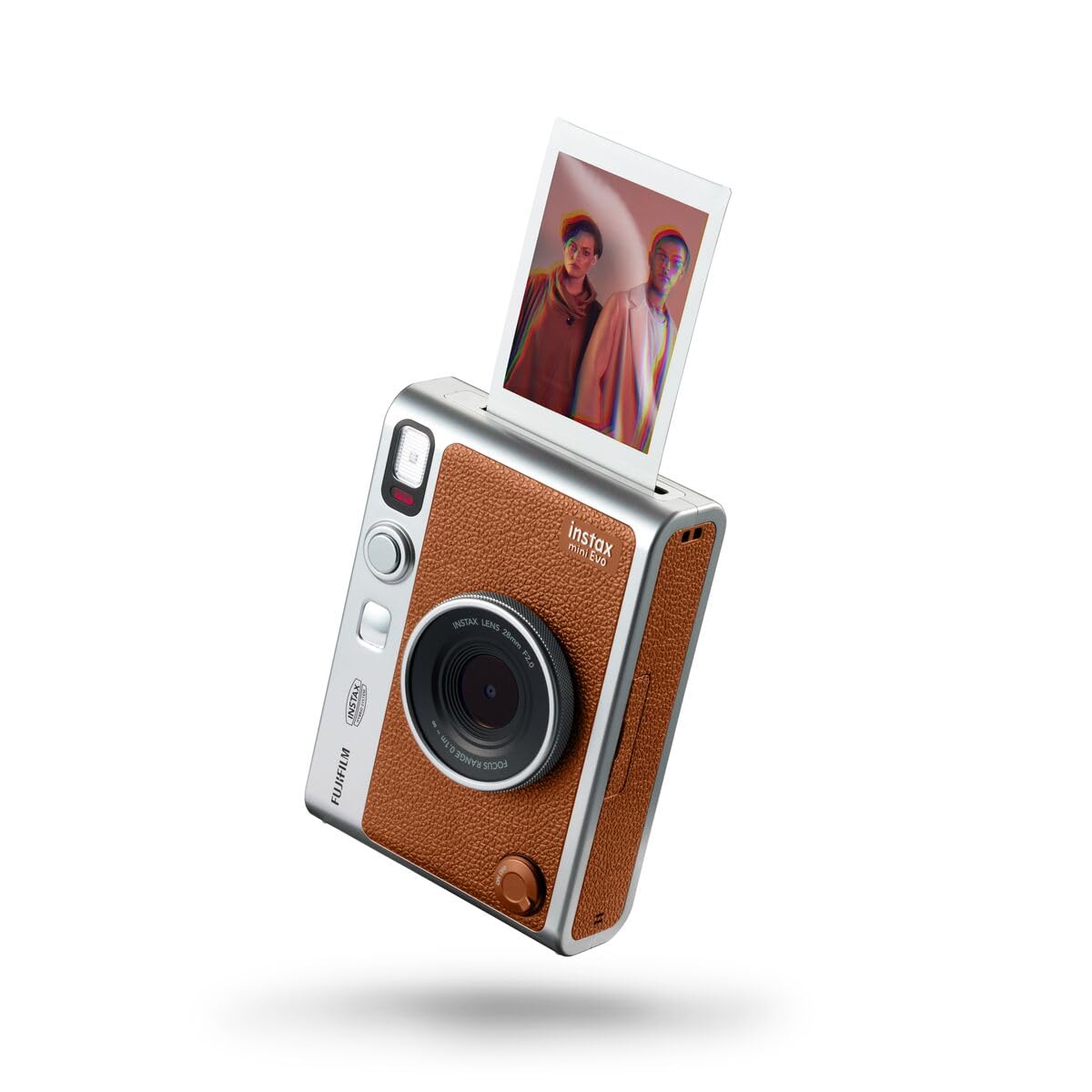 INSTAX Mini EVO brūns - Compact instant camera with dual lens, retro design, and customizable filters.