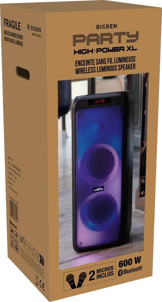 BIGBEN PARTYBTHPXL Pārnēsājamais Bluetooth skaļrunis, jaudīgs, 600 W, ballītei, XL, LED gaismas, USB, MicroSD, 2 ieejas, AUX-IN, tālvadības pults, rokturis, 2 mikrofoni komplektā.