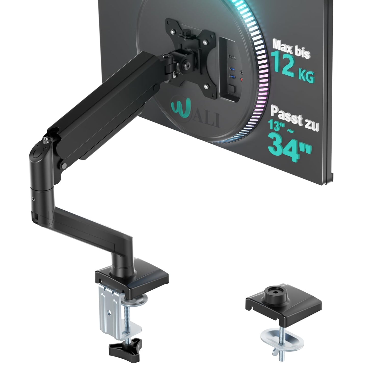 Monitora turētājs WALI 13-34 Zoll ekrāniem līdz 12 kg, regulējams monitora statīvs ar gāzes atsperi, augstumā regulējams, grozāms, slīpējams, VESA 75/100 mm (GSMP001N), melns