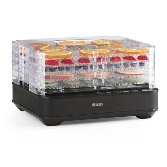 N8WERK Dörrautomat nerūsējošā tērauda | Temperatūras regulators no 35-70 °C, Digitālais taimeris (līdz 24 stundām) | Žāvēšanas iekārta ar 5 režģiem, augstums maināms | Barības vielas saglabājoša gatavošana augļiem un dārzeņiem