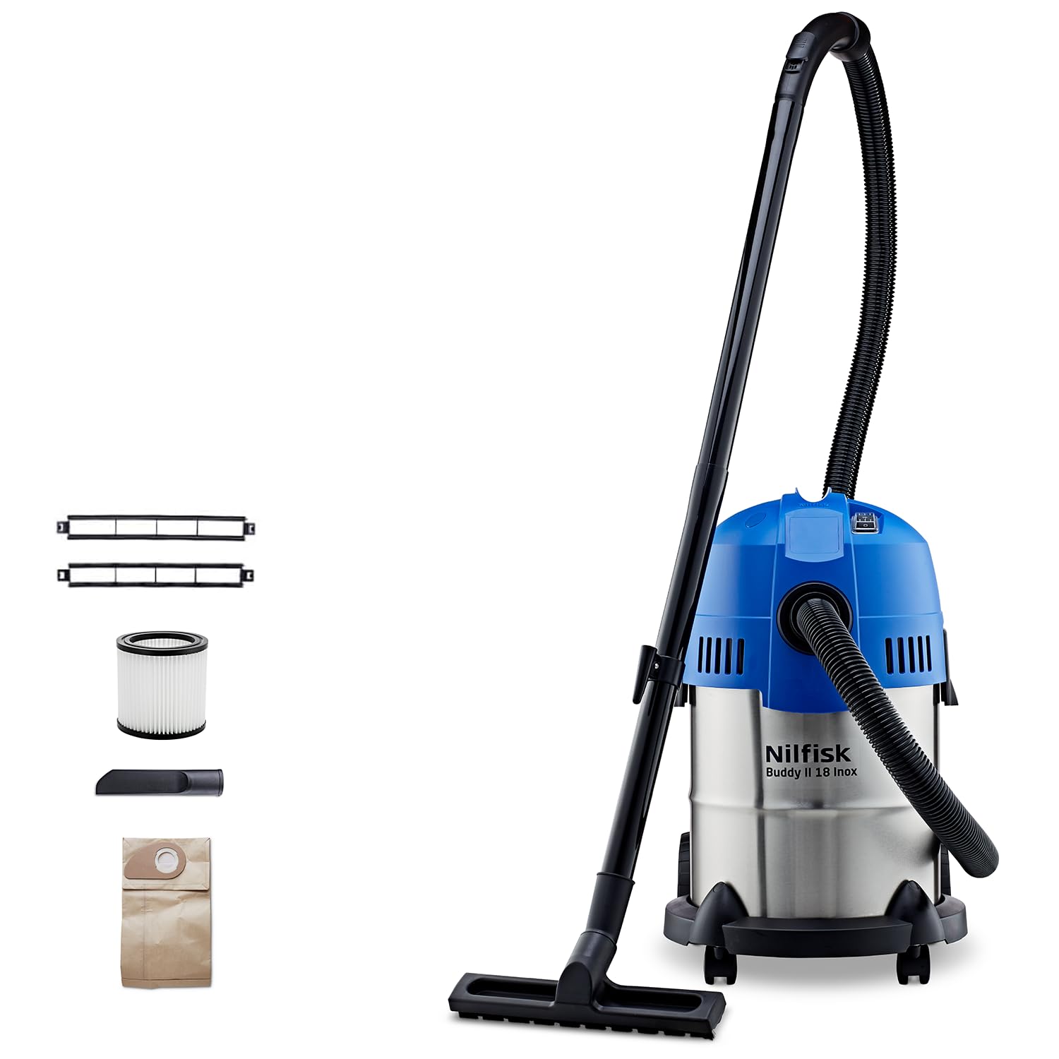 Nilfisk Buddy II 18L Inox - 1200W wet and dry vacuum cleaner for home, garden, and car, stainless steel design.