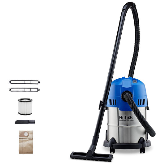 Nilfisk Buddy II 18L Inox - 1200W wet and dry vacuum cleaner for home, garden, and car, stainless steel design.