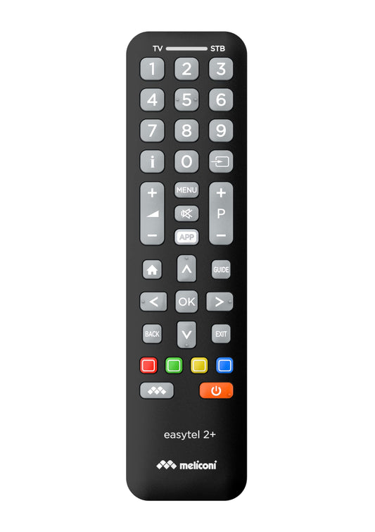 Meliconi Easytel 2+, Universāla 2-in-1 tālvadības pults, tālvadības pults saderīga ar Samsung, LG un Sony un citām markām, aizstāj tālvadības pultis 2 ierīcēm, TV, digitālajiem un satelīta dekoderiem.