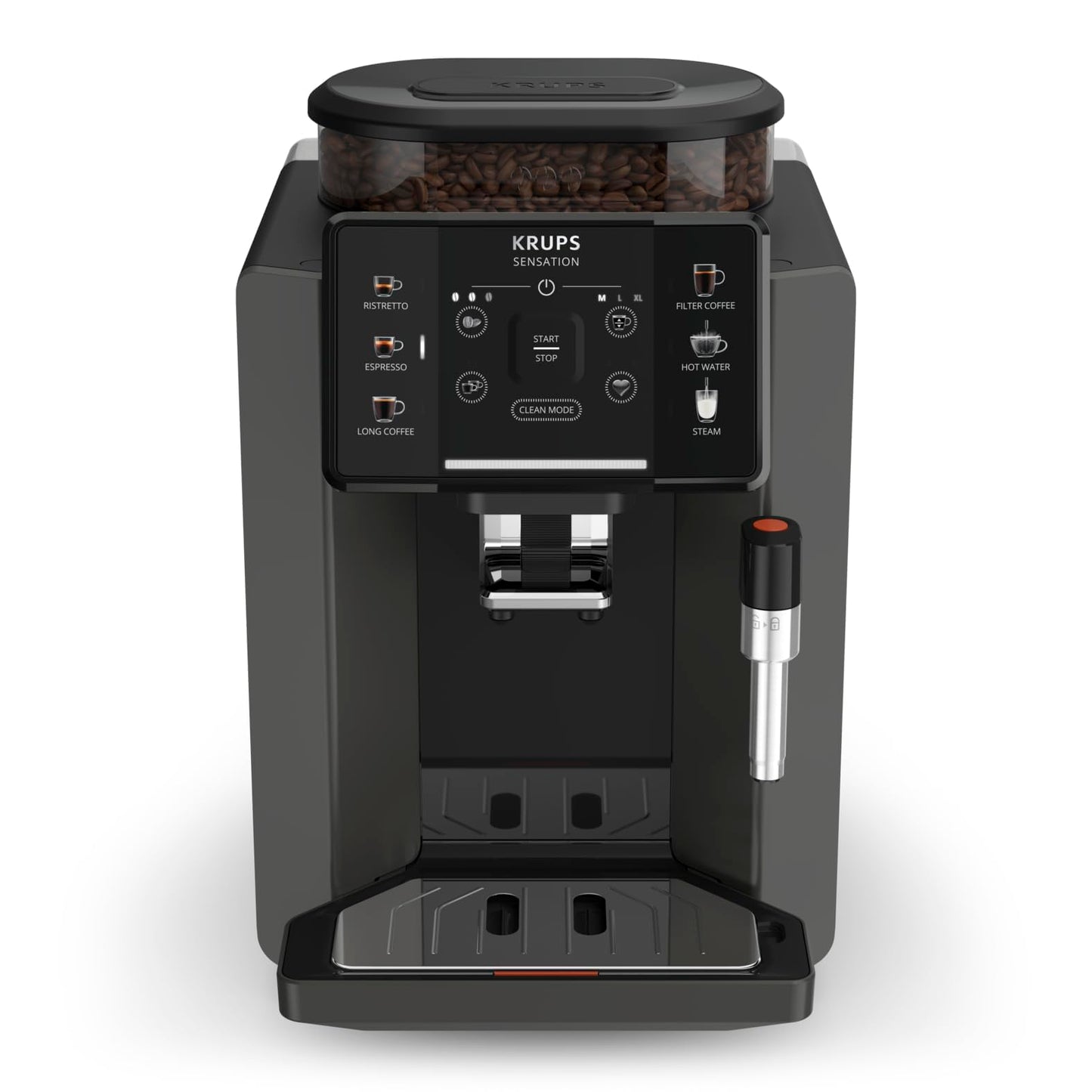Krups Sensation EA910810 - pilnībā automātiska kafijas automāts, piena putotājs, 5 dzērieni, melns, 2 tasīšu funkcija