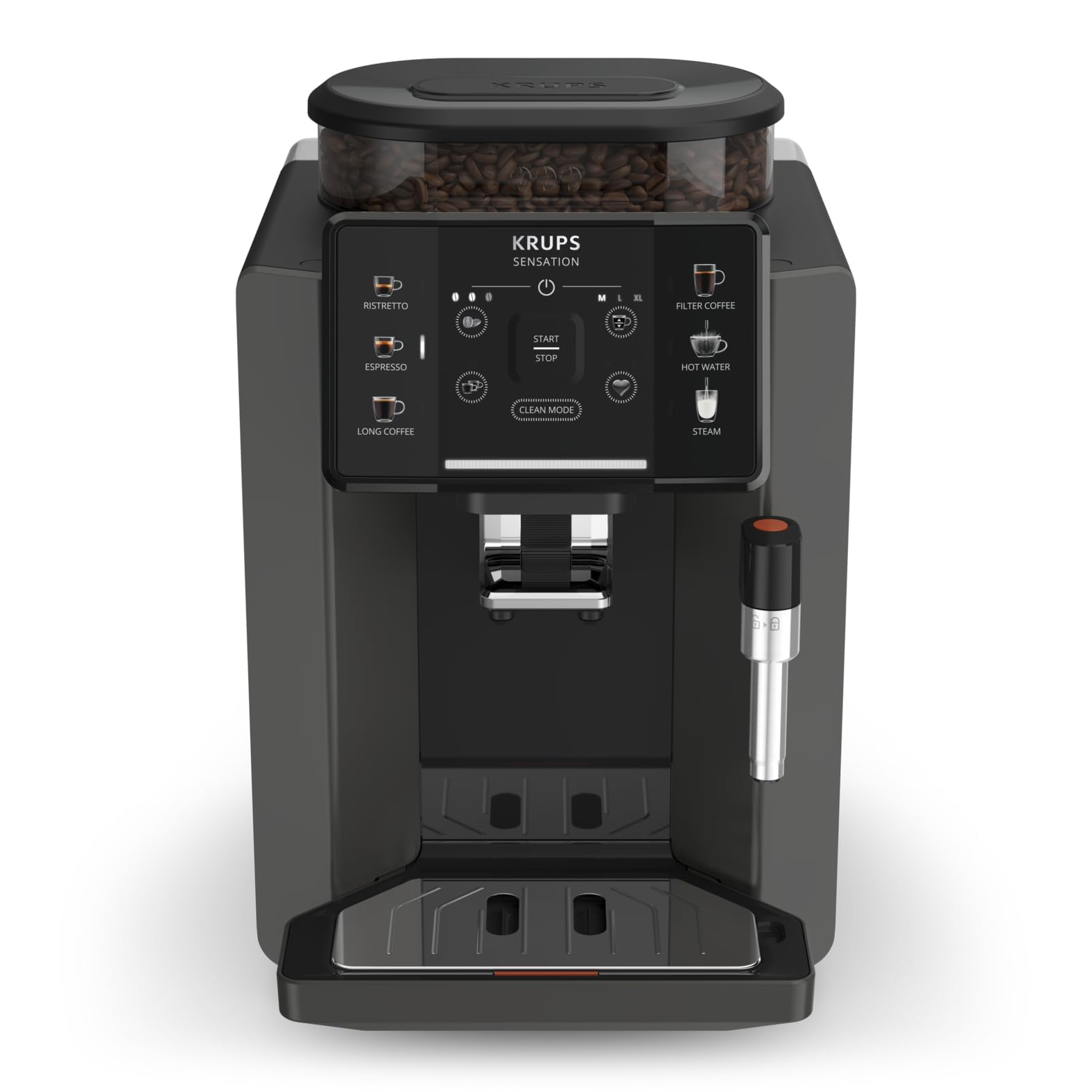 Krups Sensation EA910810 - pilnībā automātiska kafijas automāts, piena putotājs, 5 dzērieni, melns, 2 tasīšu funkcija